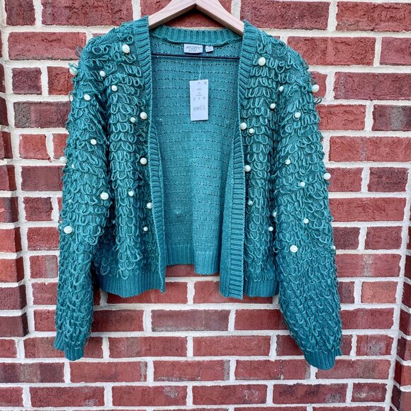 Mighty Fine Loopy Pearl Knit Short Cardigan Sweater 2X Green Grannycore Retro - Picture 1 of 10